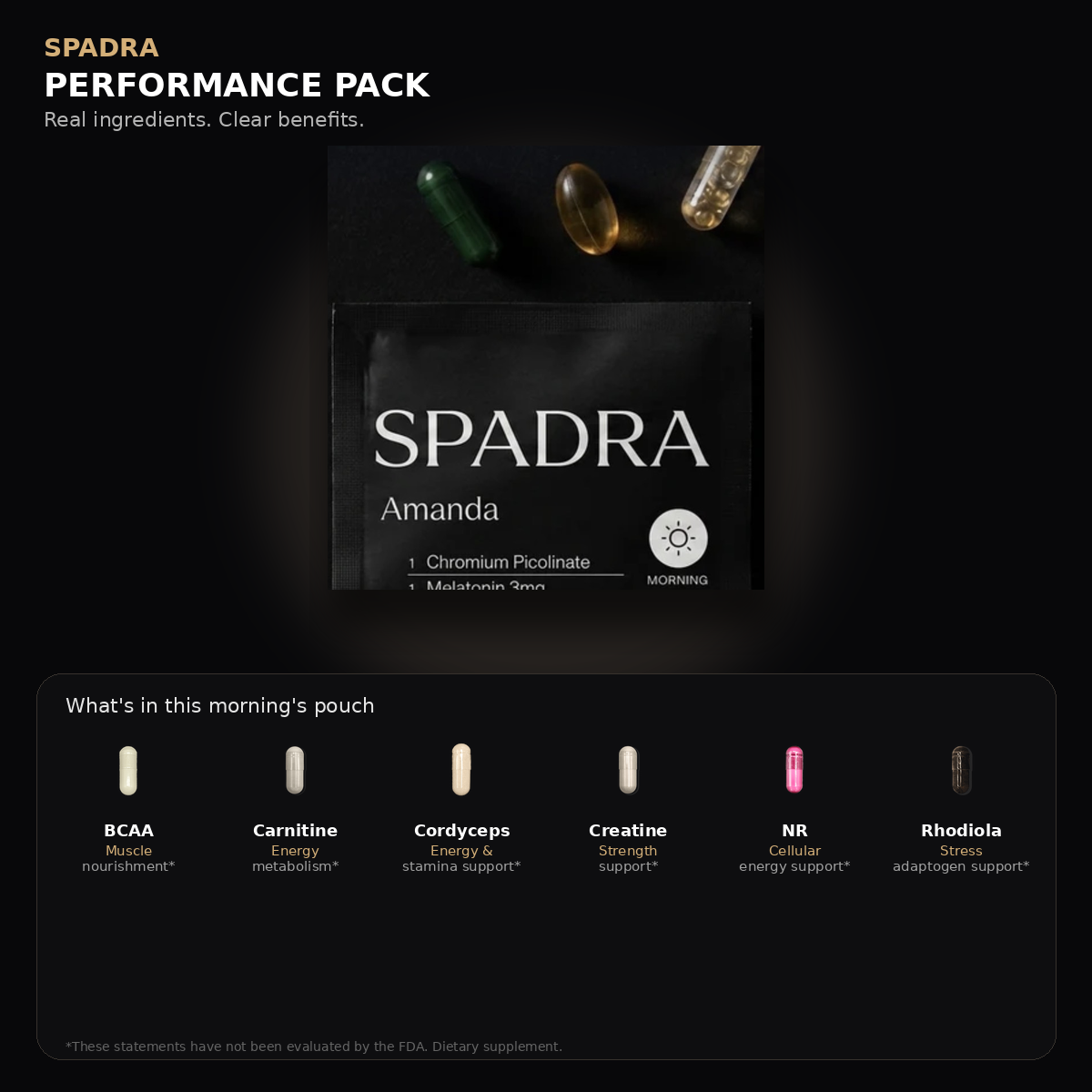 SPADRA Performance Pack — Amanda packet with real ingredients