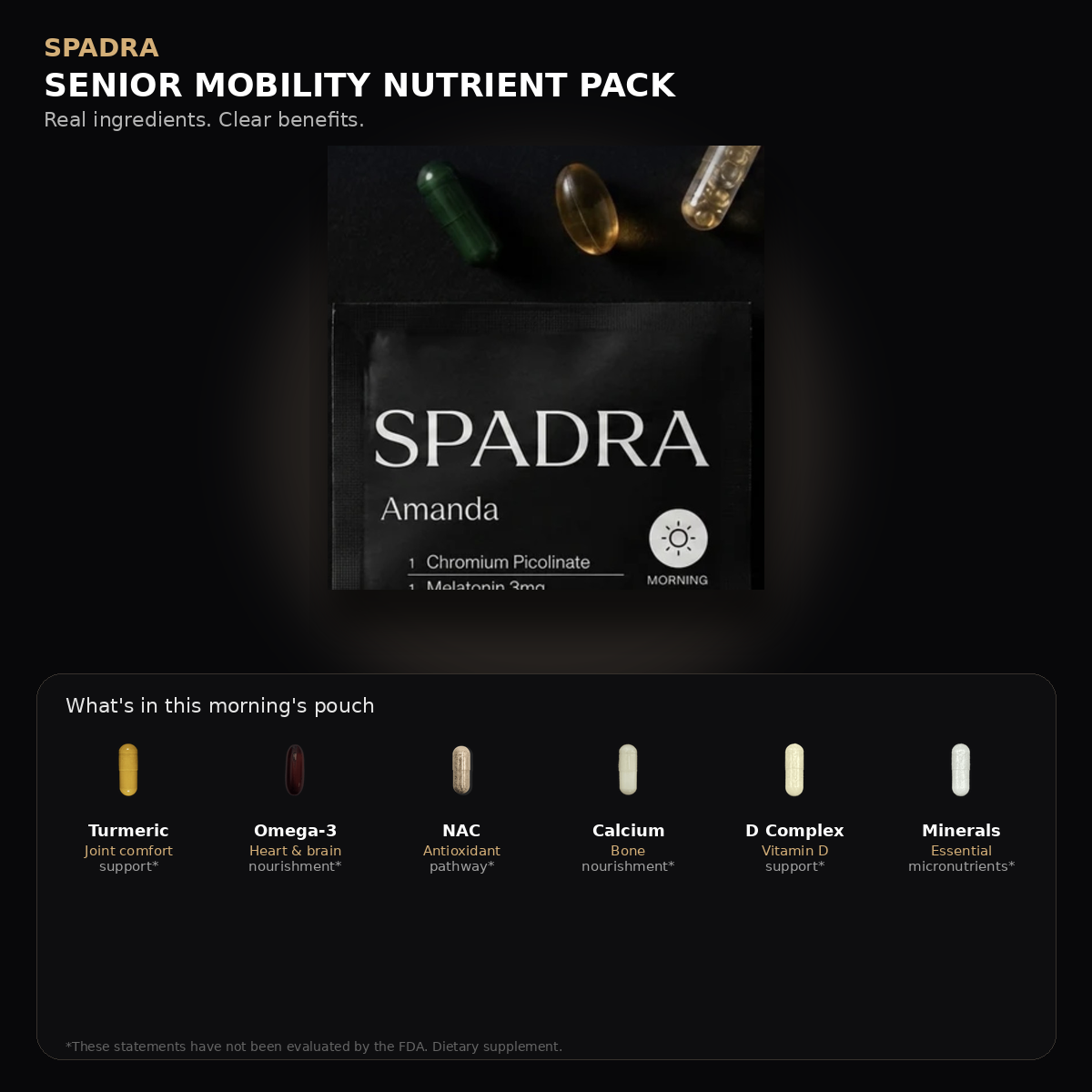 SPADRA Senior Mobility Nutrient Pack — Amanda packet with real ingredients