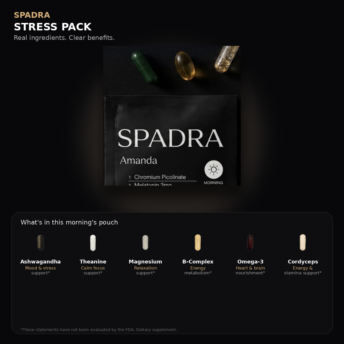 SPADRA Stress Pack — Amanda packet with real ingredients